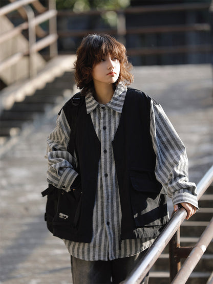 春秋日系ストライプ柄フェイクレイヤード・ワークベストシャツ（CZ404）