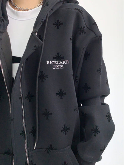 総柄フロッキープリント 裏起毛 オーバーサイズ フーディジャケット（AVN062）