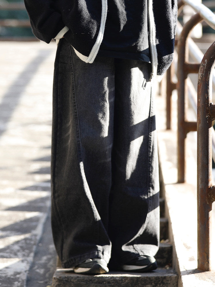 阿于呆 美式ヴィンテージウォッシュ弯刀ワイドデニムパンツ（CZ400）