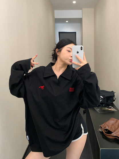 美式Vネック 刺繍入り コットン長袖Tシャツ（オーバーサイズ）（AVN072）