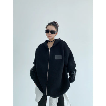 刺繍パッチ付き オーバーサイズ ニットフーディ外套（AVN059）