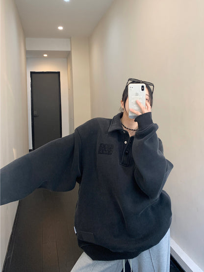 廃材風ヴィンテージ刺繍 裏起毛ポロ襟スウェット（600g）（AVN046）