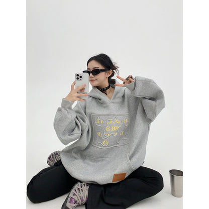 貼布・ダメージ刺繍 裏起毛 オーバーサイズ フーディ（AVN063）