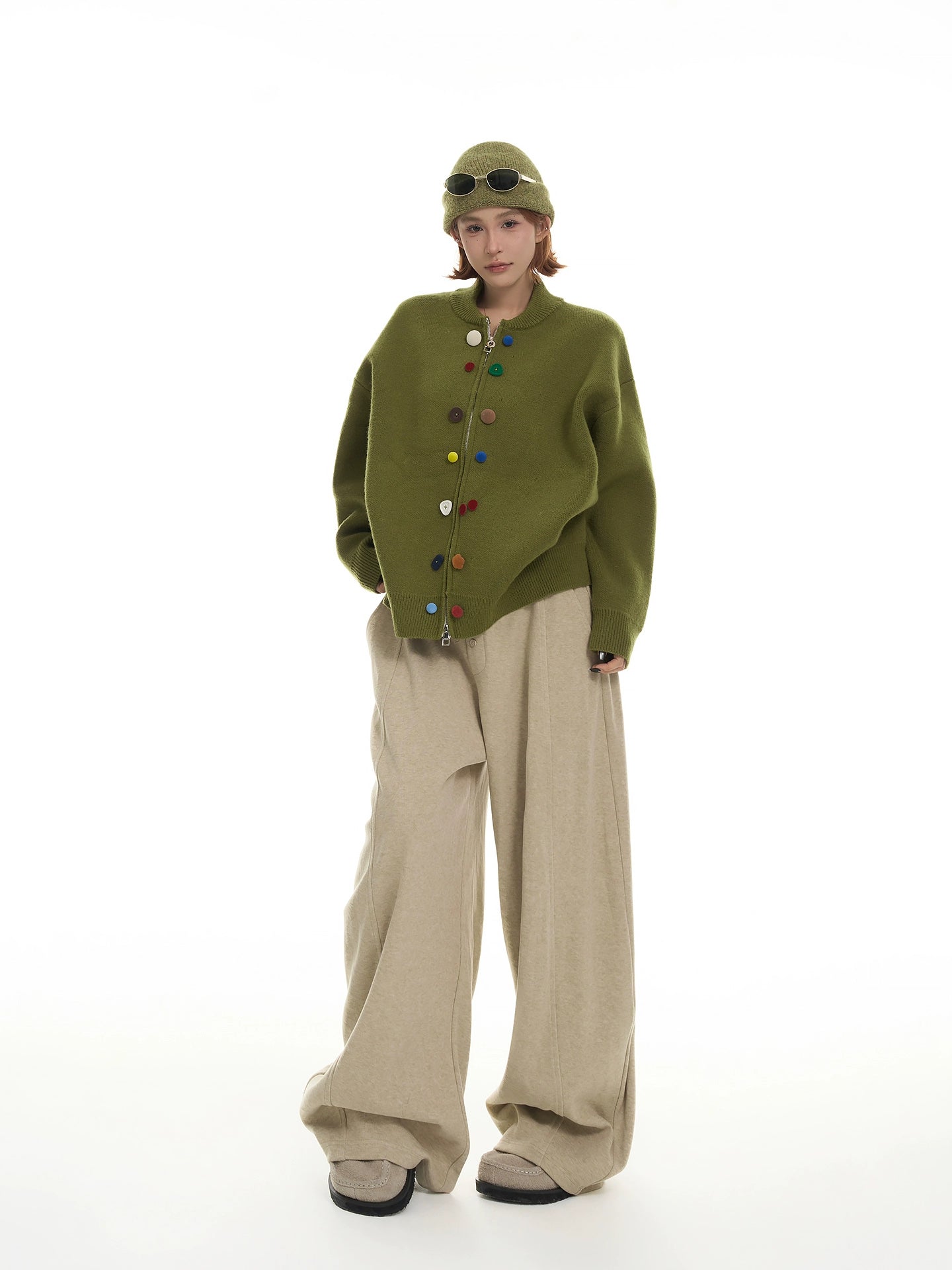 カラーボタン ラウンドネック ニットカーディガン（CZ384）