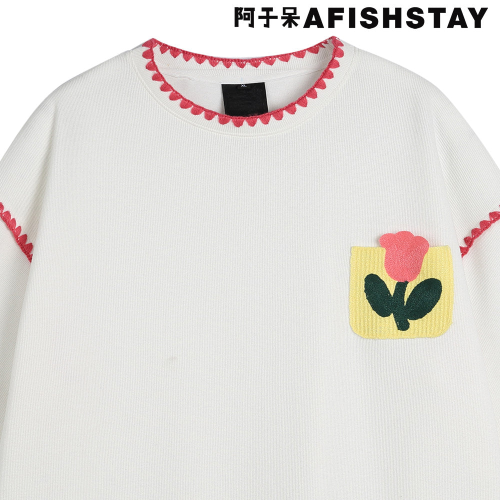 日系レトロ花柄パッチポケット半袖Tシャツ（CZ405）