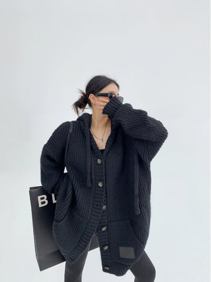 重工粗編み 加厚 フード付き ニットカーディガン（AVN071）