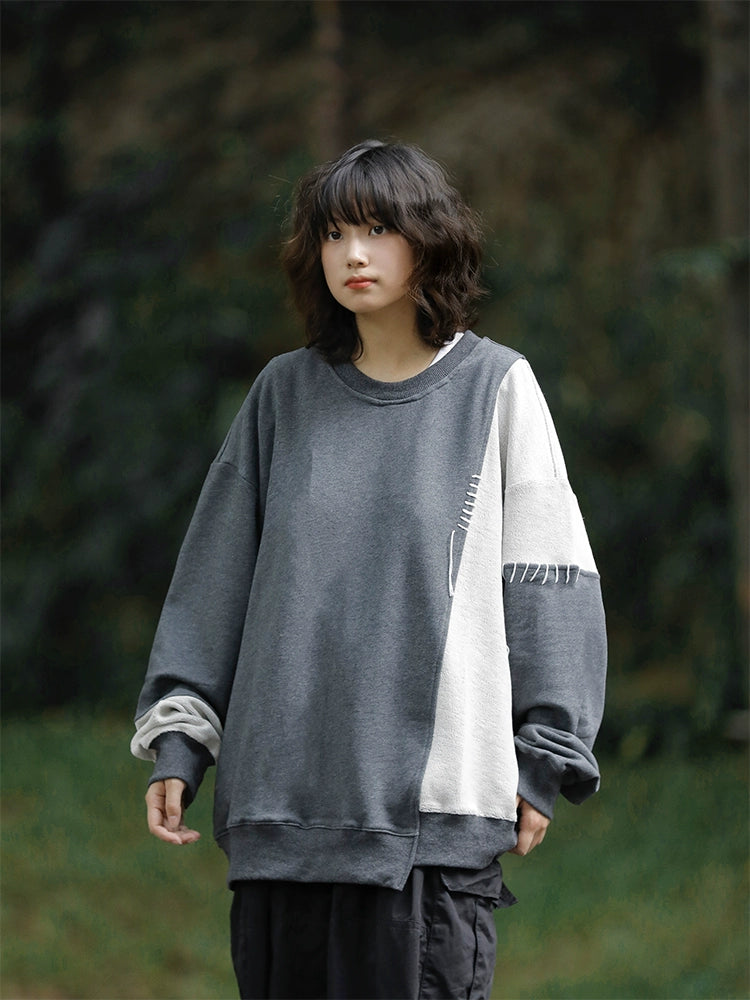 バイカラー配色スウェット｜左右非対称デザイン（HU111）
