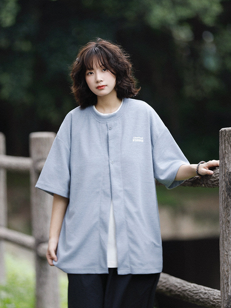 日系ワッフル生地レイヤード風刺繍Tシャツ（CZ406）