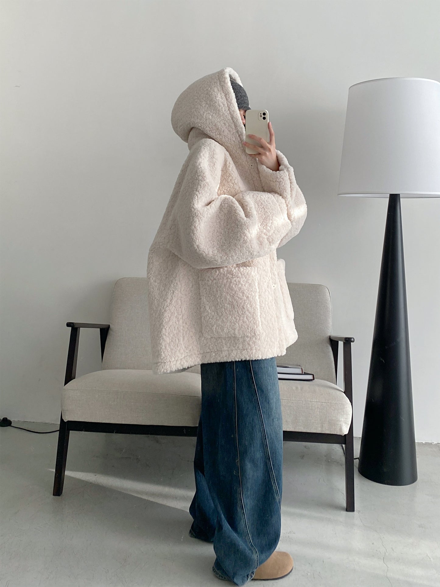 白色 連帽 エコファー 皮毛一体 加厚 フード付きコート（AVN041）