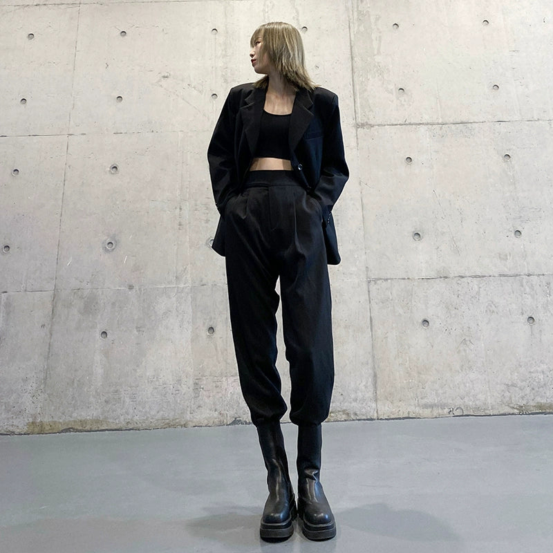 スーツパンツ風 黒 ワイドジョガー(HU297)