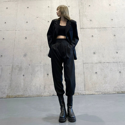 スーツパンツ風 黒 ワイドジョガー(HU297)