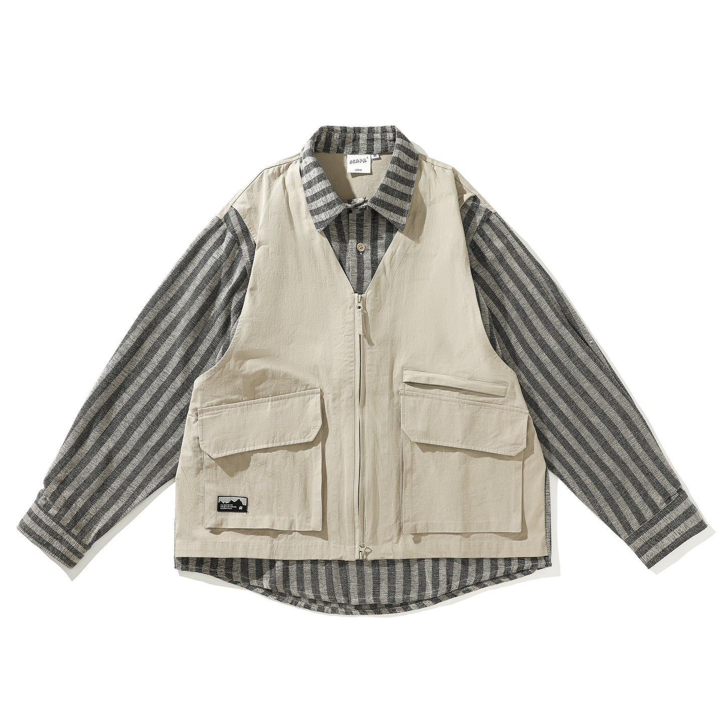 春秋日系ストライプ柄フェイクレイヤード・ワークベストシャツ（CZ404）