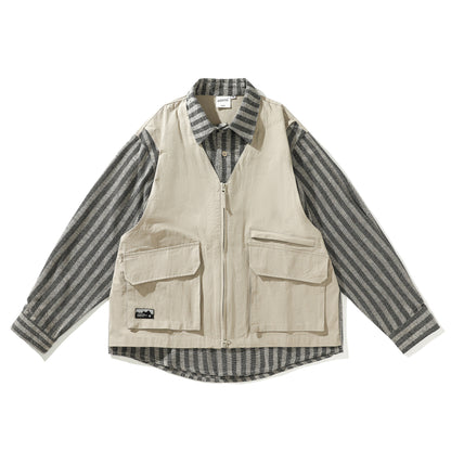 春秋日系ストライプ柄フェイクレイヤード・ワークベストシャツ（CZ404）