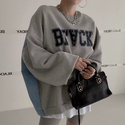 デニム切替ロゴスウェット｜オーバーサイズトレーナー（HU071）