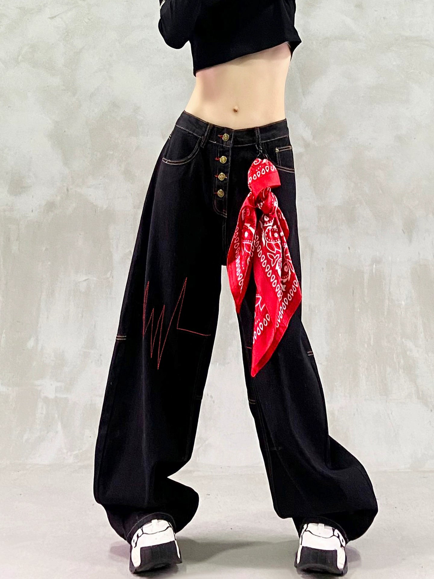 ステッチデザインレッドバンダナ付きワイドデニム(CZ328)