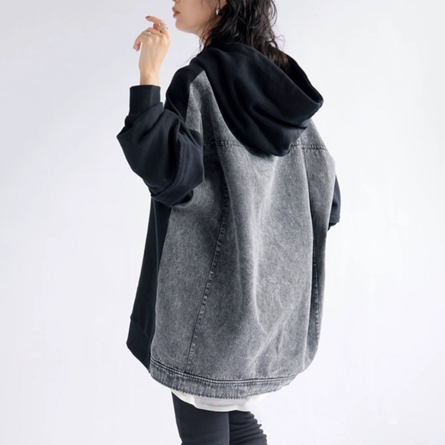 デニム切替パーカー｜ルーズデザインフーディー（HU110）