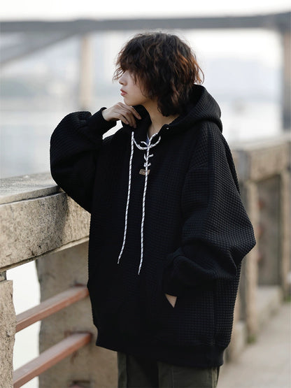 日系ワッフル華夫格 加厚レースアップフーディー（HY028））