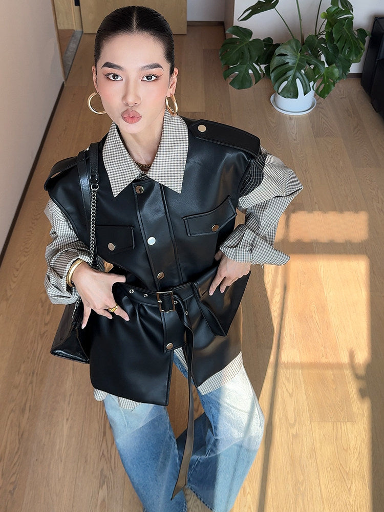 ウエストベルト付き フェイクレザー デザインベスト（AVN025）