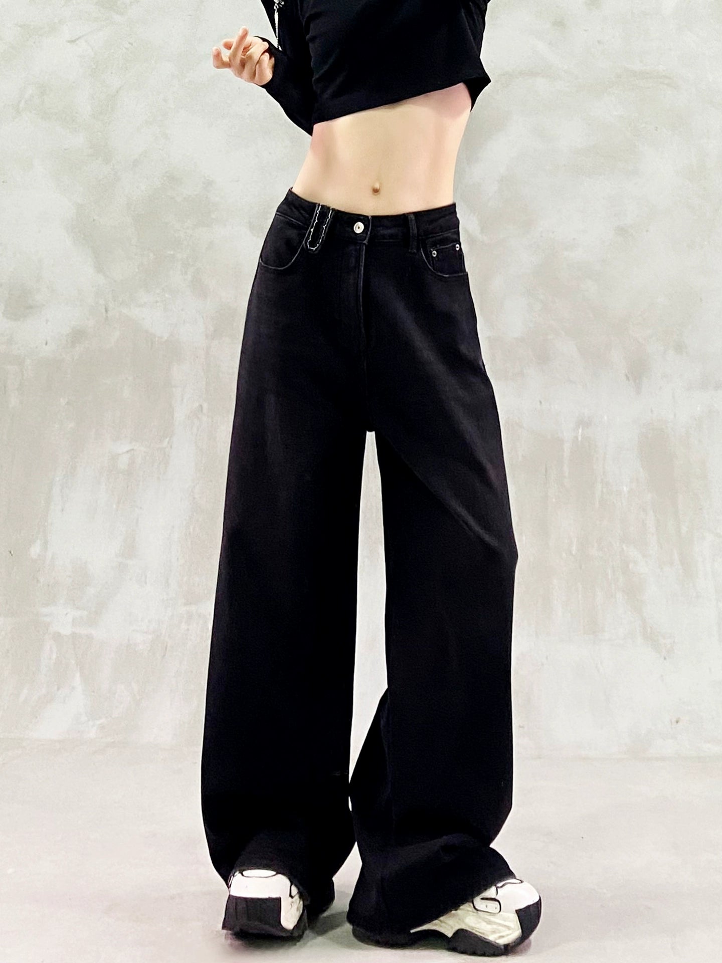 ウォッシュブラック裏起毛デニムワイドパンツ(HU006)