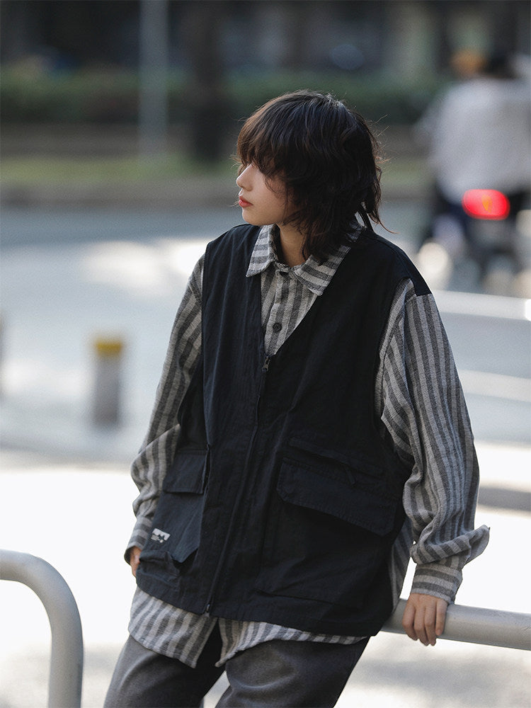 春秋日系ストライプ柄フェイクレイヤード・ワークベストシャツ（CZ404）