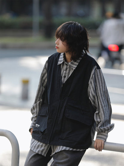 春秋日系ストライプ柄フェイクレイヤード・ワークベストシャツ（CZ404）