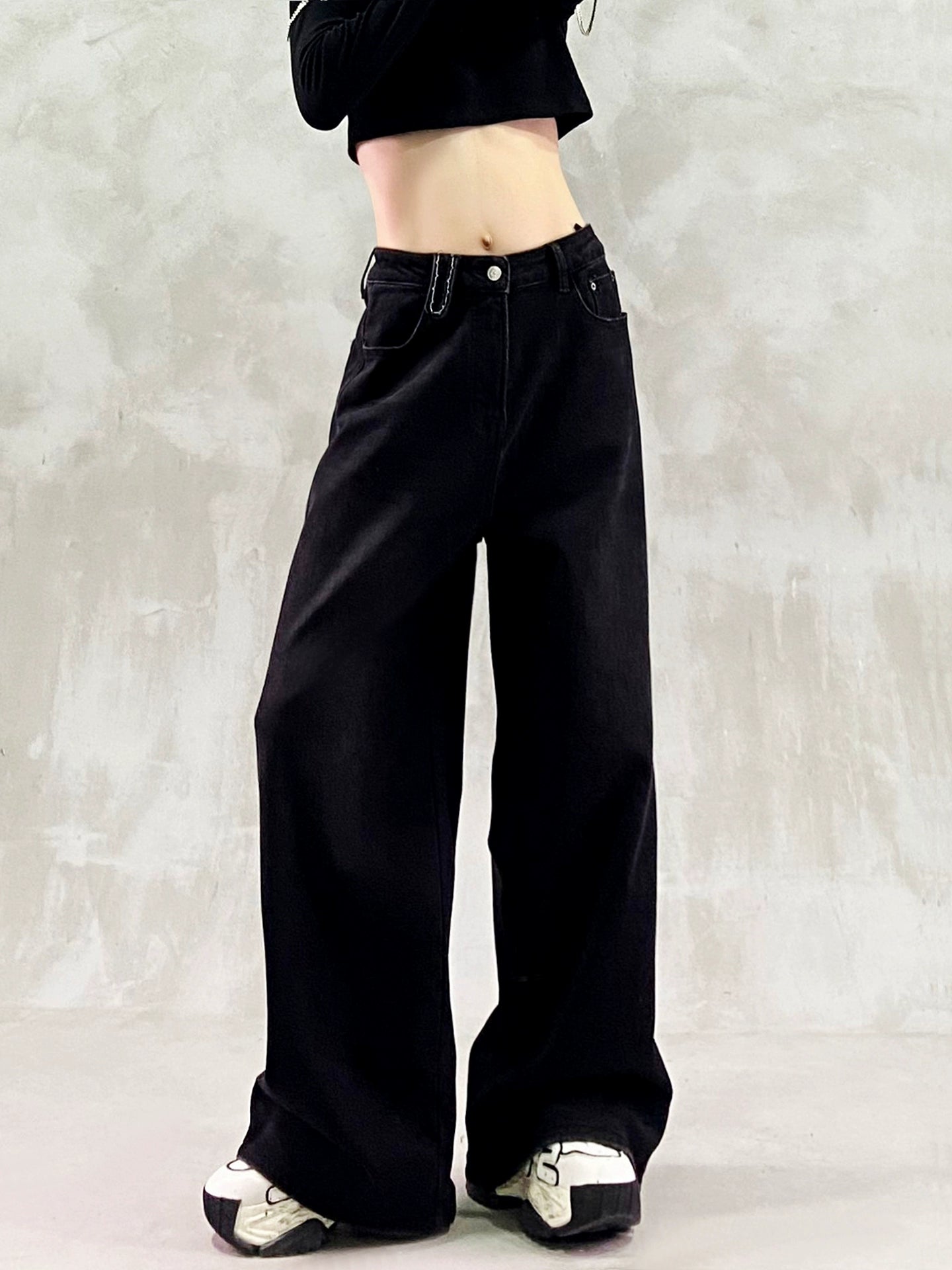 ウォッシュブラック裏起毛デニムワイドパンツ(HU006)