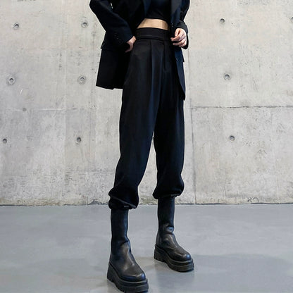 スーツパンツ風 黒 ワイドジョガー(HU297)