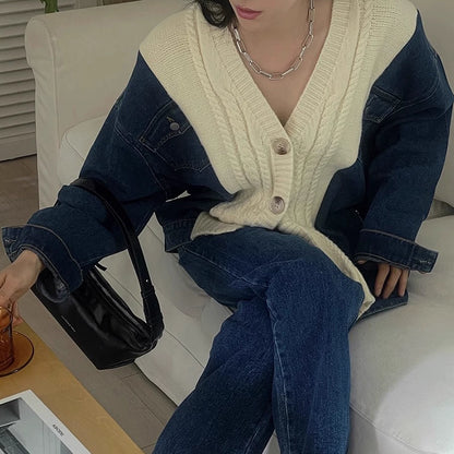 デニムニットカーディガン｜ミックスのレイヤード風デザイン（HU930）