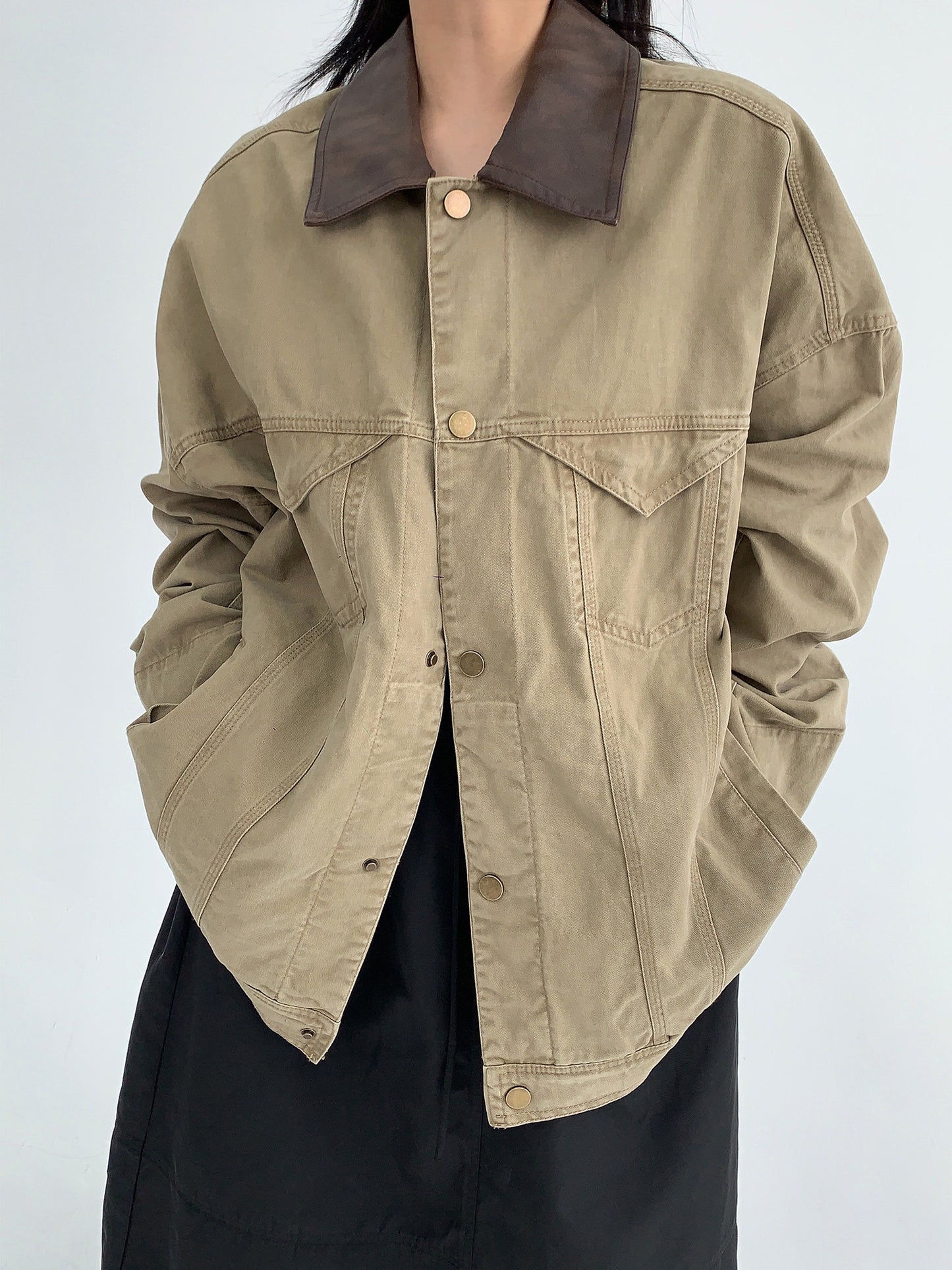 バイカラー襟 ヴィンテージ風デニムジャケット（AVN076）