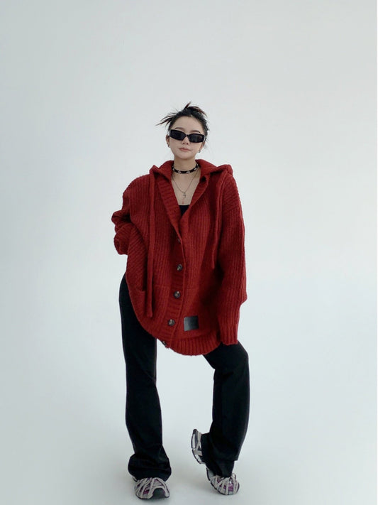 重工粗編み 加厚 フード付き ニットカーディガン（AVN071）