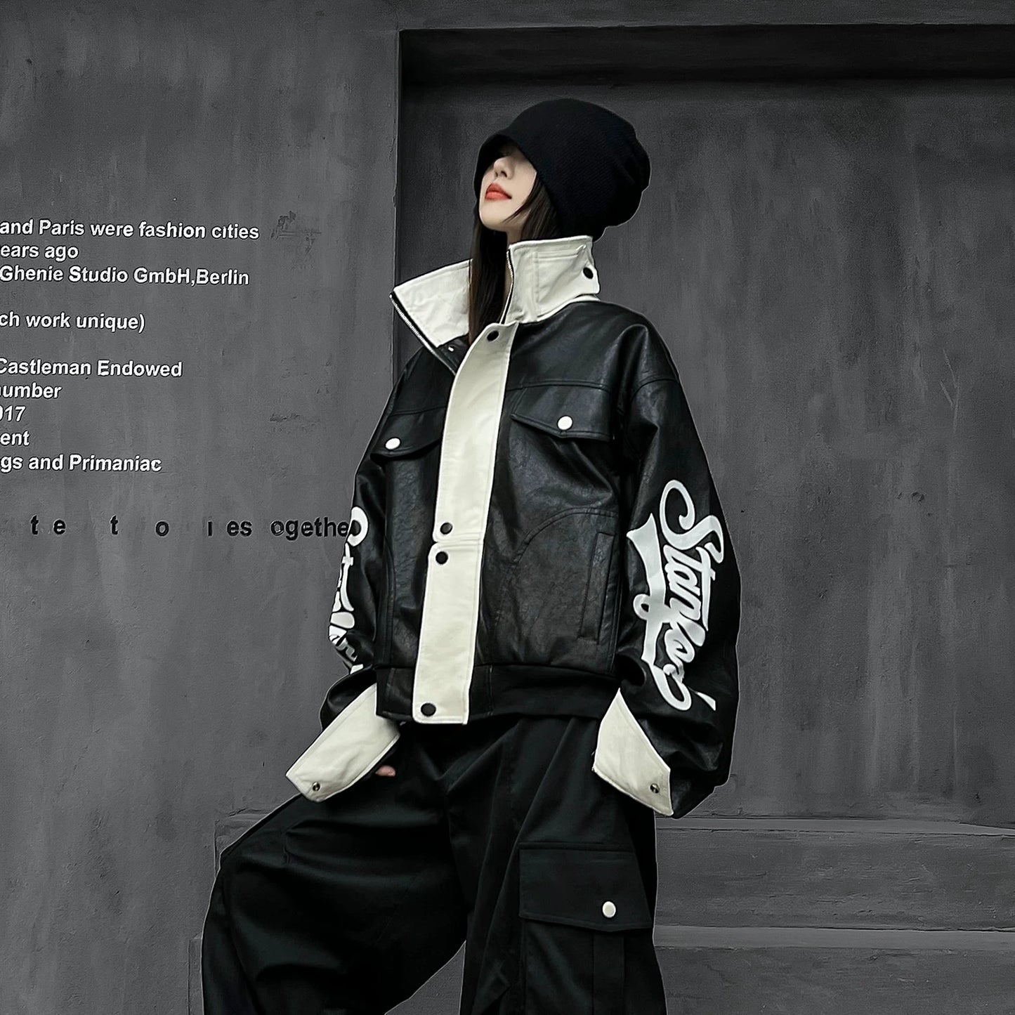 MPUレザー立ち襟ヒップホップジャケット（AVN011）