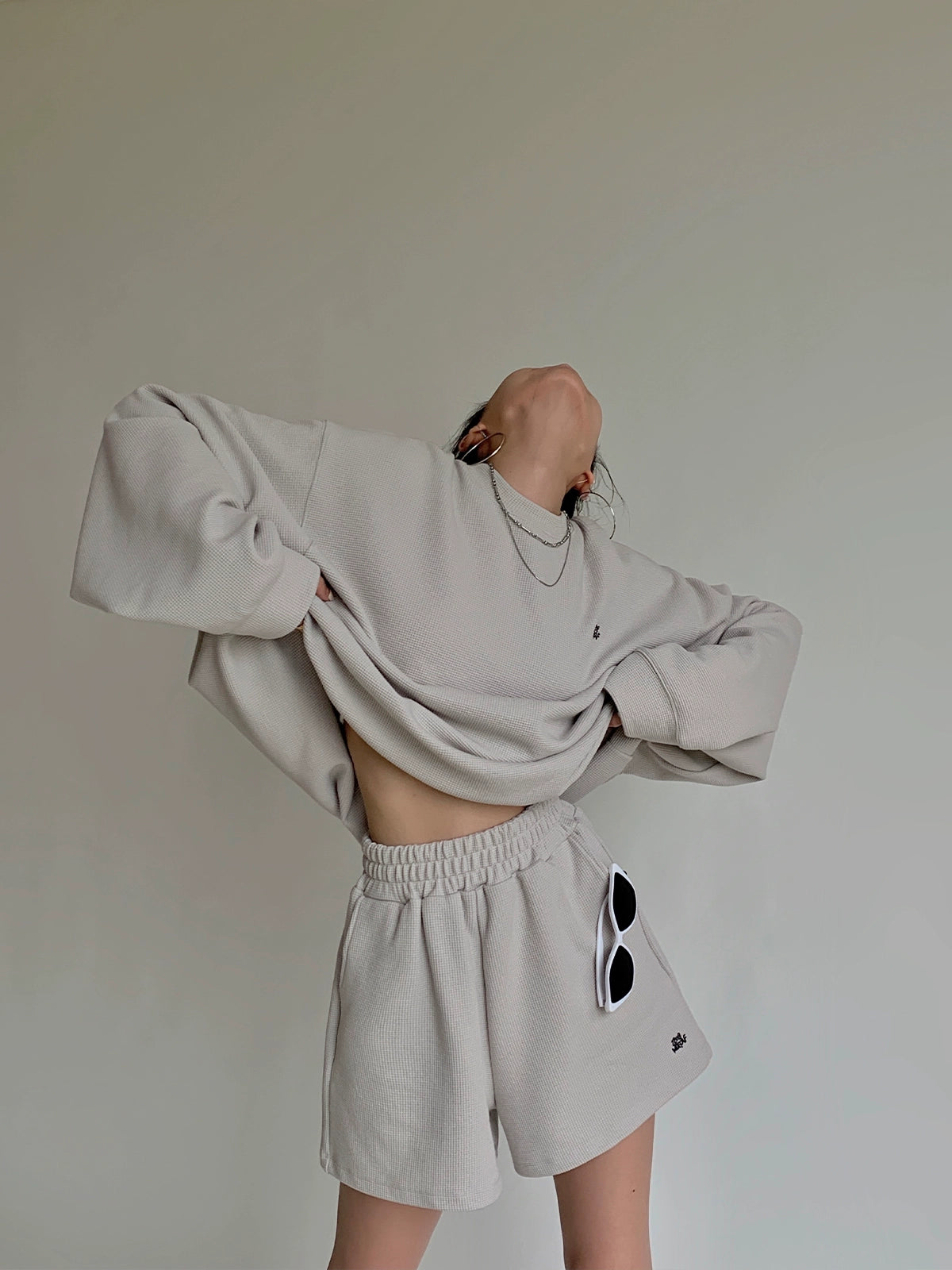 ワッフルルーズセットアップ（スウェット＋ショート／ロング選べる）(HU124)