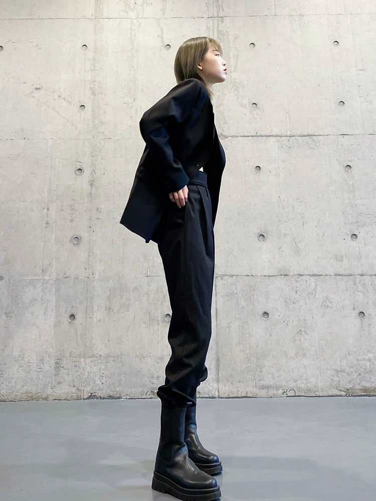 スーツパンツ風 黒 ワイドジョガー(HU297)