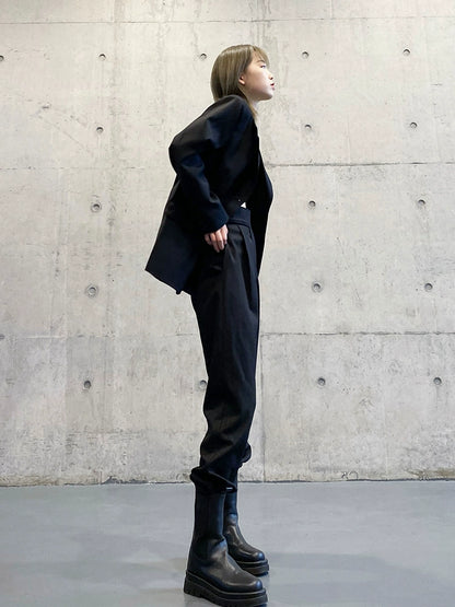 スーツパンツ風 黒 ワイドジョガー(HU297)