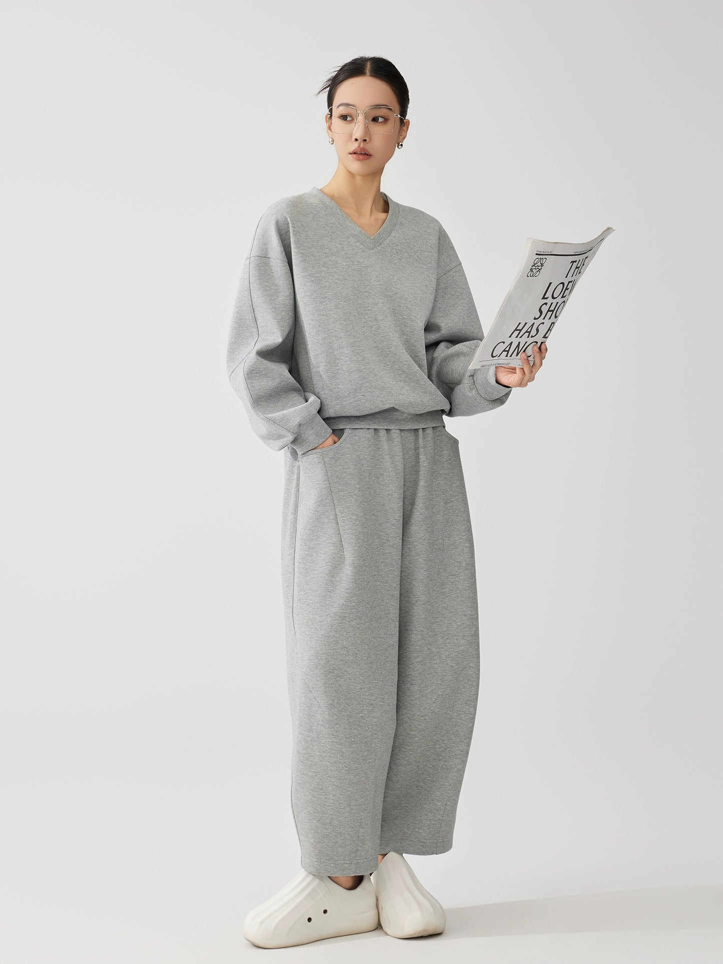 Vネックスウェット/ワイドパンツ/ルーズフィット(HU592)