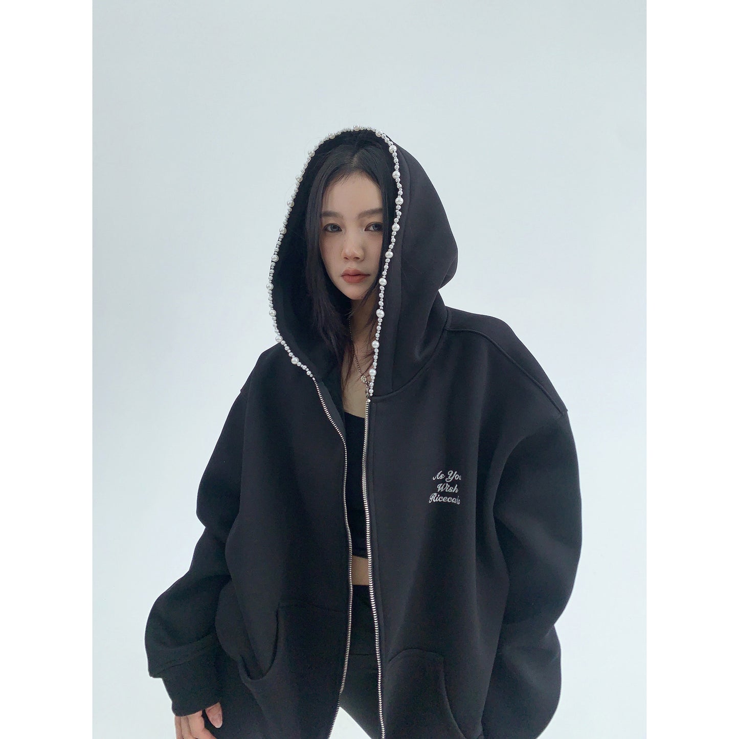 帽縁ビーズ付き 裏起毛 オーバーサイズ フーディ（AVN064）