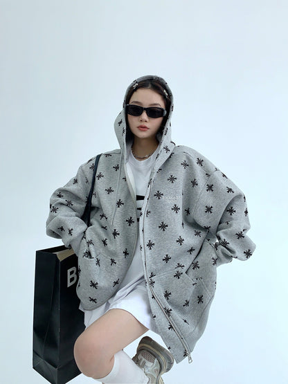 総柄フロッキープリント 裏起毛 オーバーサイズ フーディジャケット（AVN062）