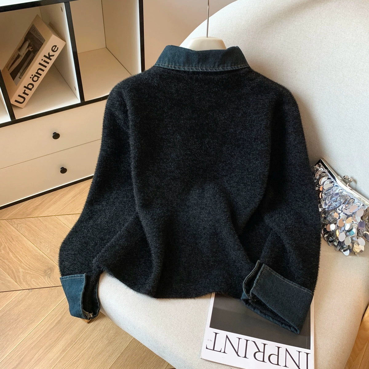 切り替えレイヤードニット｜デニム襟デザイン セーター（MF940）