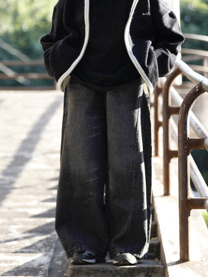 阿于呆 美式ヴィンテージウォッシュ弯刀ワイドデニムパンツ（CZ400）