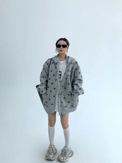 総柄フロッキープリント 裏起毛 オーバーサイズ フーディジャケット（AVN062）