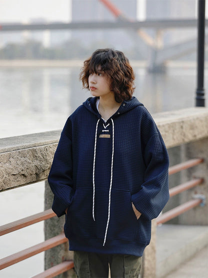 日系ワッフル華夫格 加厚レースアップフーディー（HY028））