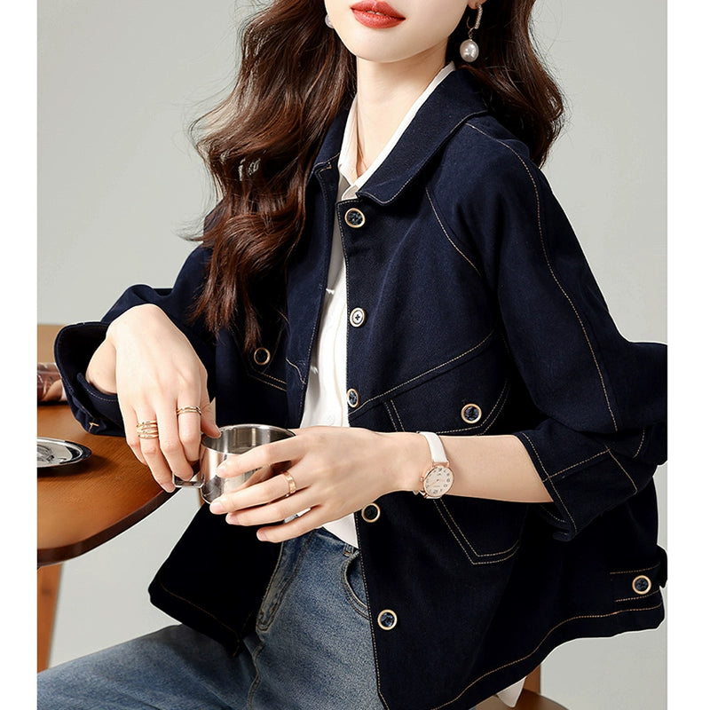 中綿入りショートデニムジャケット｜カジュアル 保温アウター（HU298）