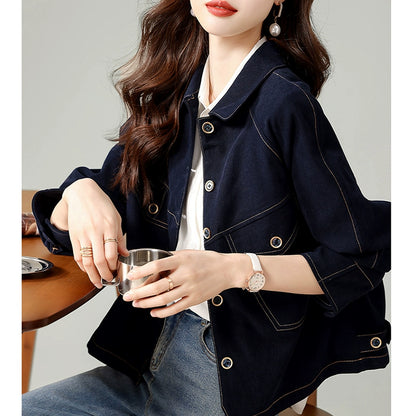 中綿入りショートデニムジャケット｜カジュアル 保温アウター（HU298）