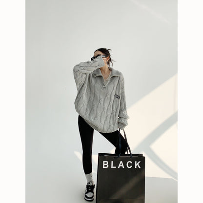 立ち襟ハーフジップ 加厚ニットプルオーバー（AVN074）