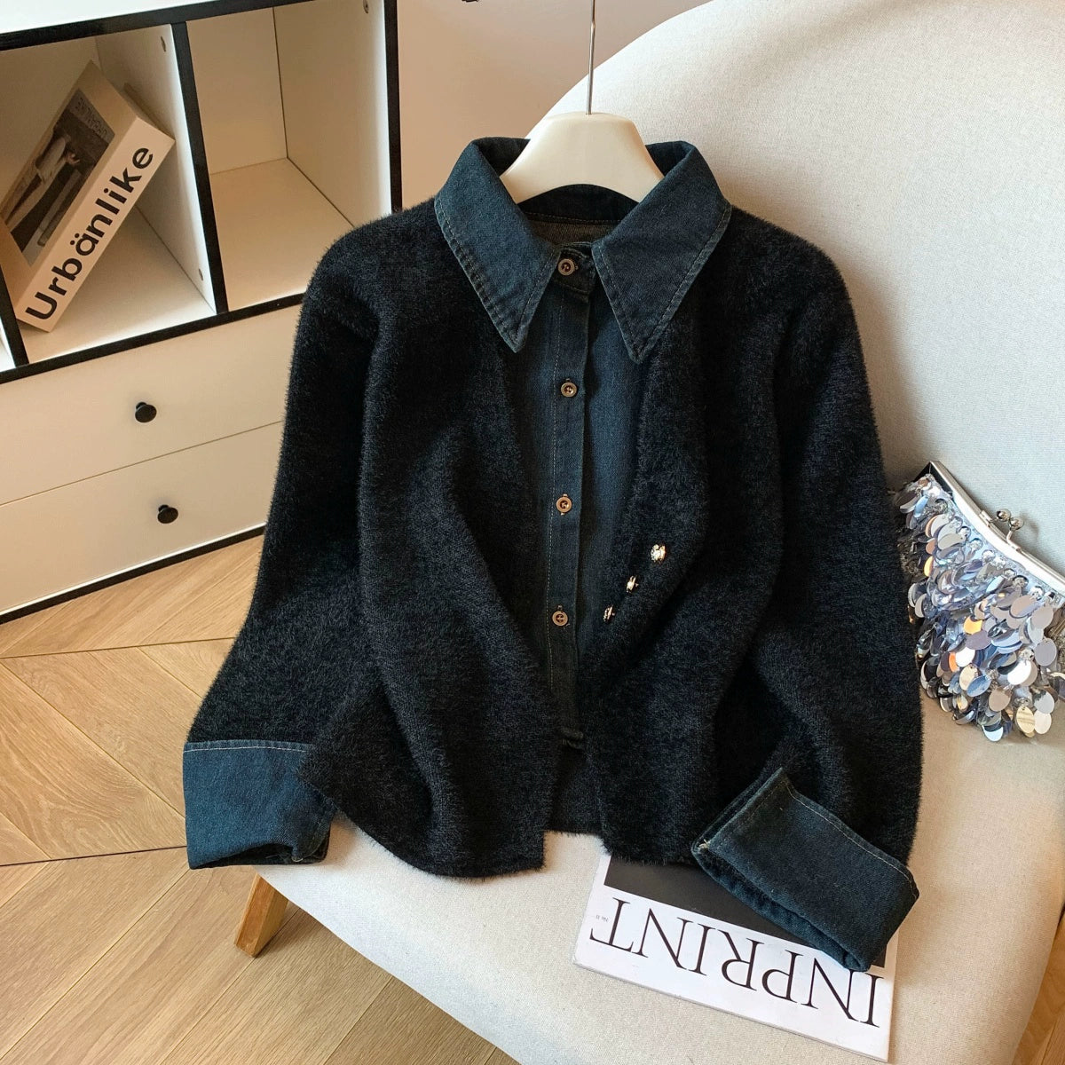 切り替えレイヤードニット｜デニム襟デザイン セーター（MF940）