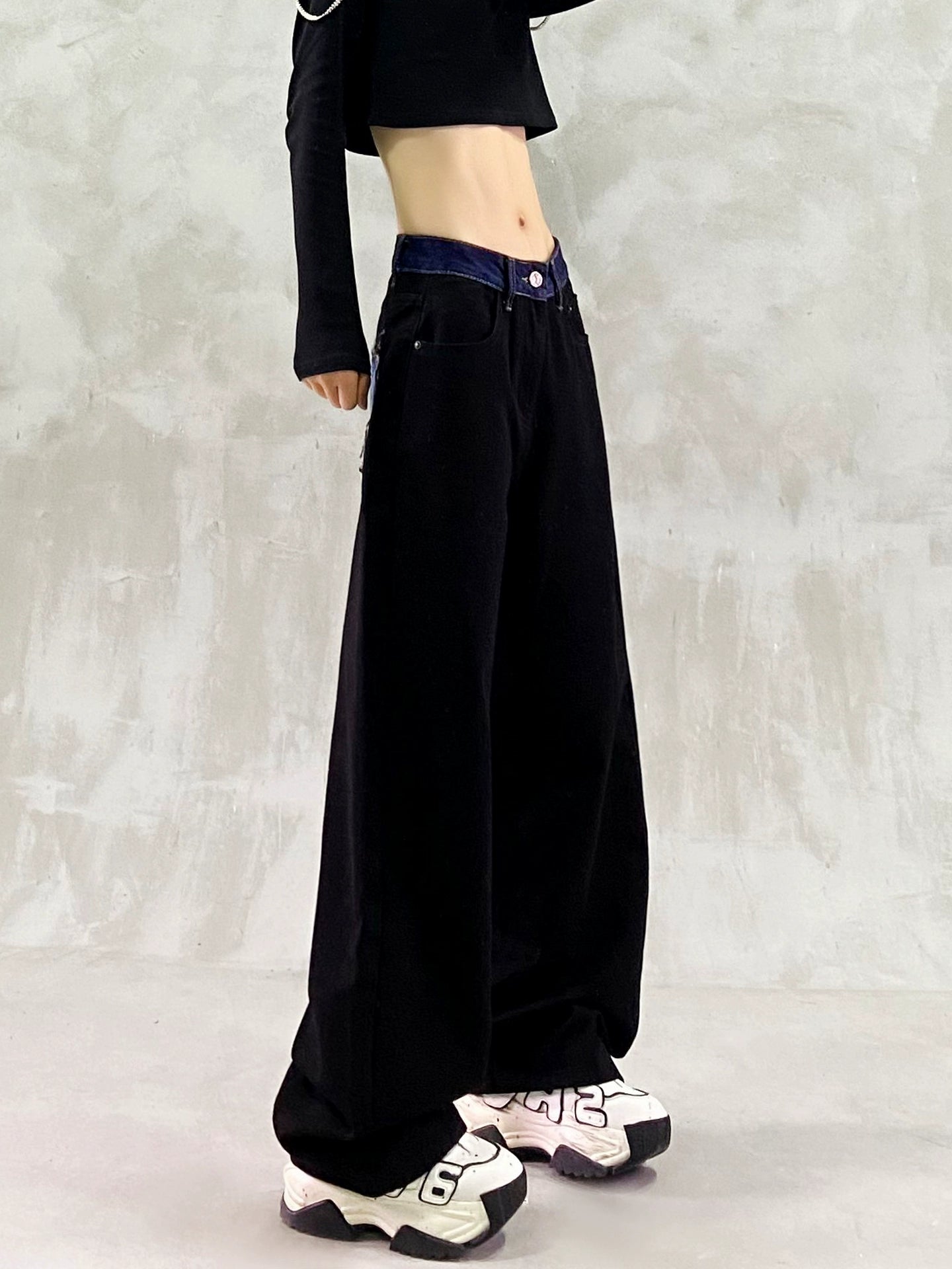 バイカラーウエストデザインブラックデニム(HU006-b)