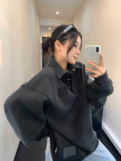 廃材風ヴィンテージ刺繍 裏起毛ポロ襟スウェット（600g）（AVN046）