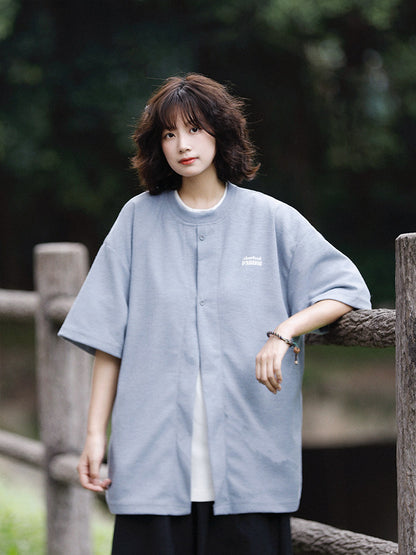 日系ワッフル生地レイヤード風刺繍Tシャツ（CZ406）