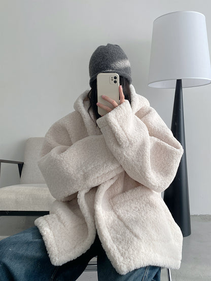 白色 連帽 エコファー 皮毛一体 加厚 フード付きコート（AVN041）