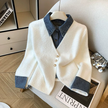 切り替えレイヤードニット｜デニム襟デザイン セーター（MF940）